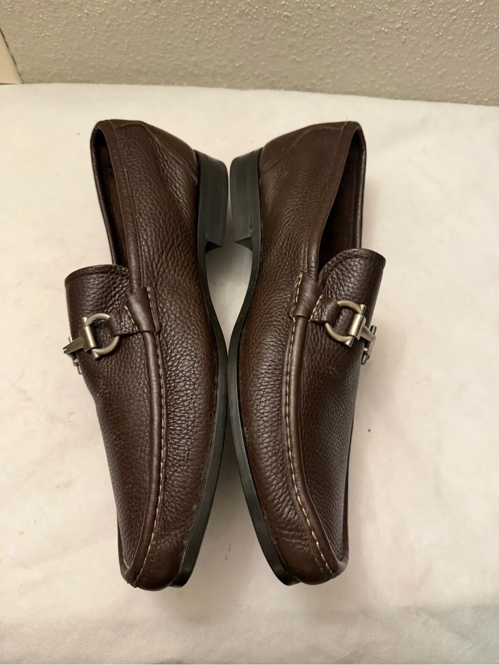 Salvatore Ferragamo Dark Brown Pebbled Leather Bit Loafers, pre-owned,SZ10.5